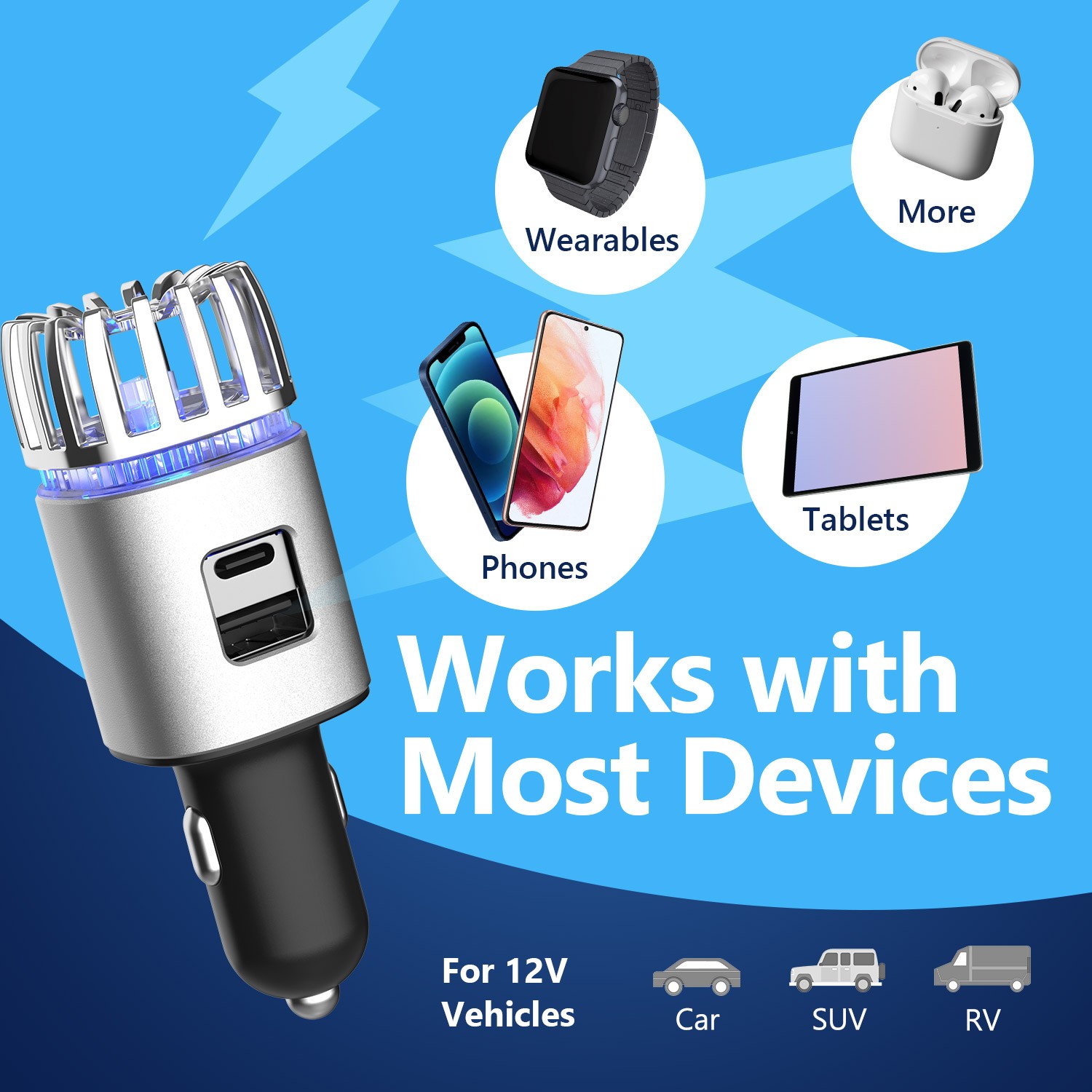 PD3.0 QC3.0 fast charging car charger for mobile phones, android tablets ipads, air pods, iwatch