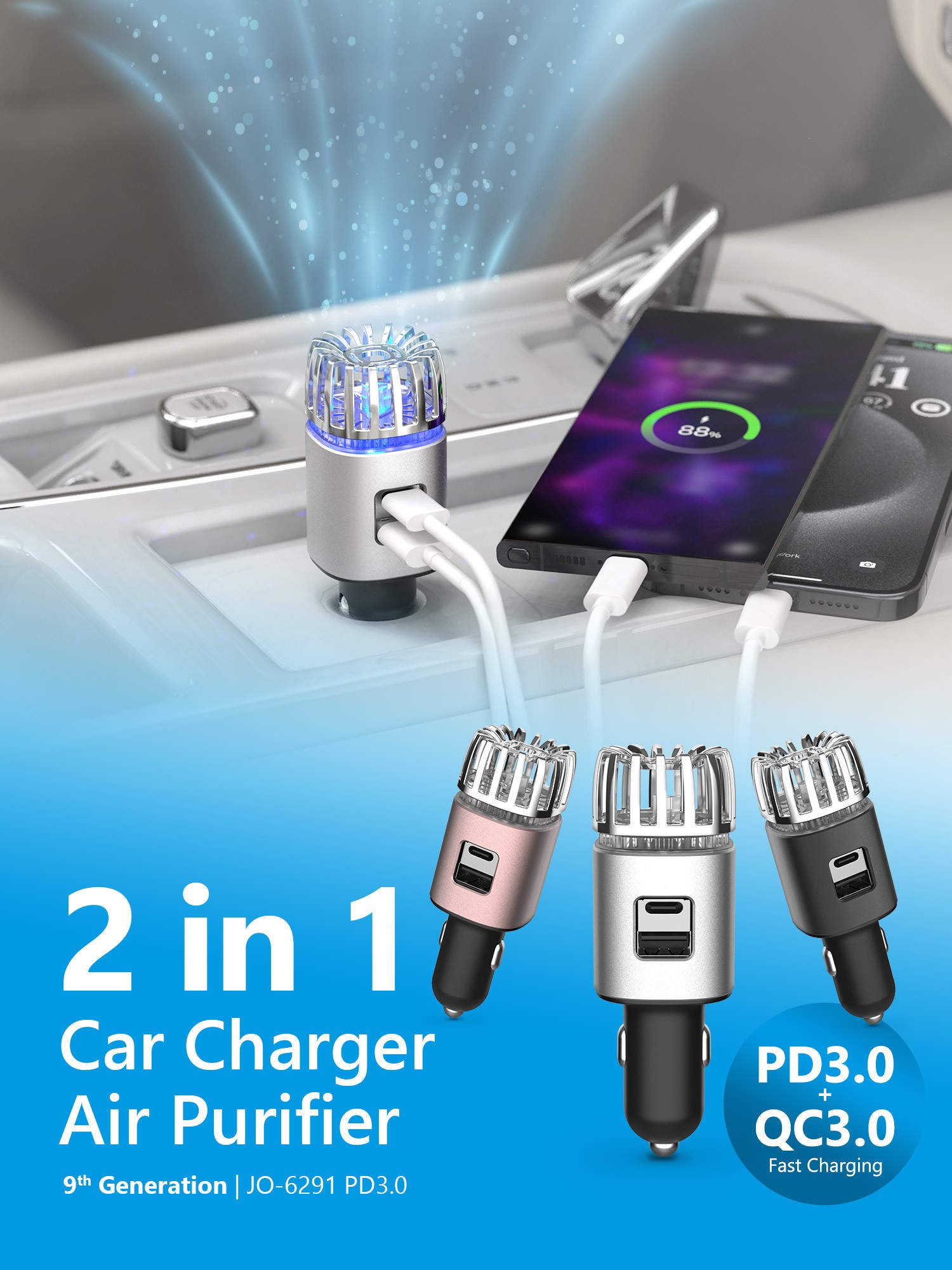 2-in-1 Car Charger Air Purifier JO-6291 PD3.0 Version
