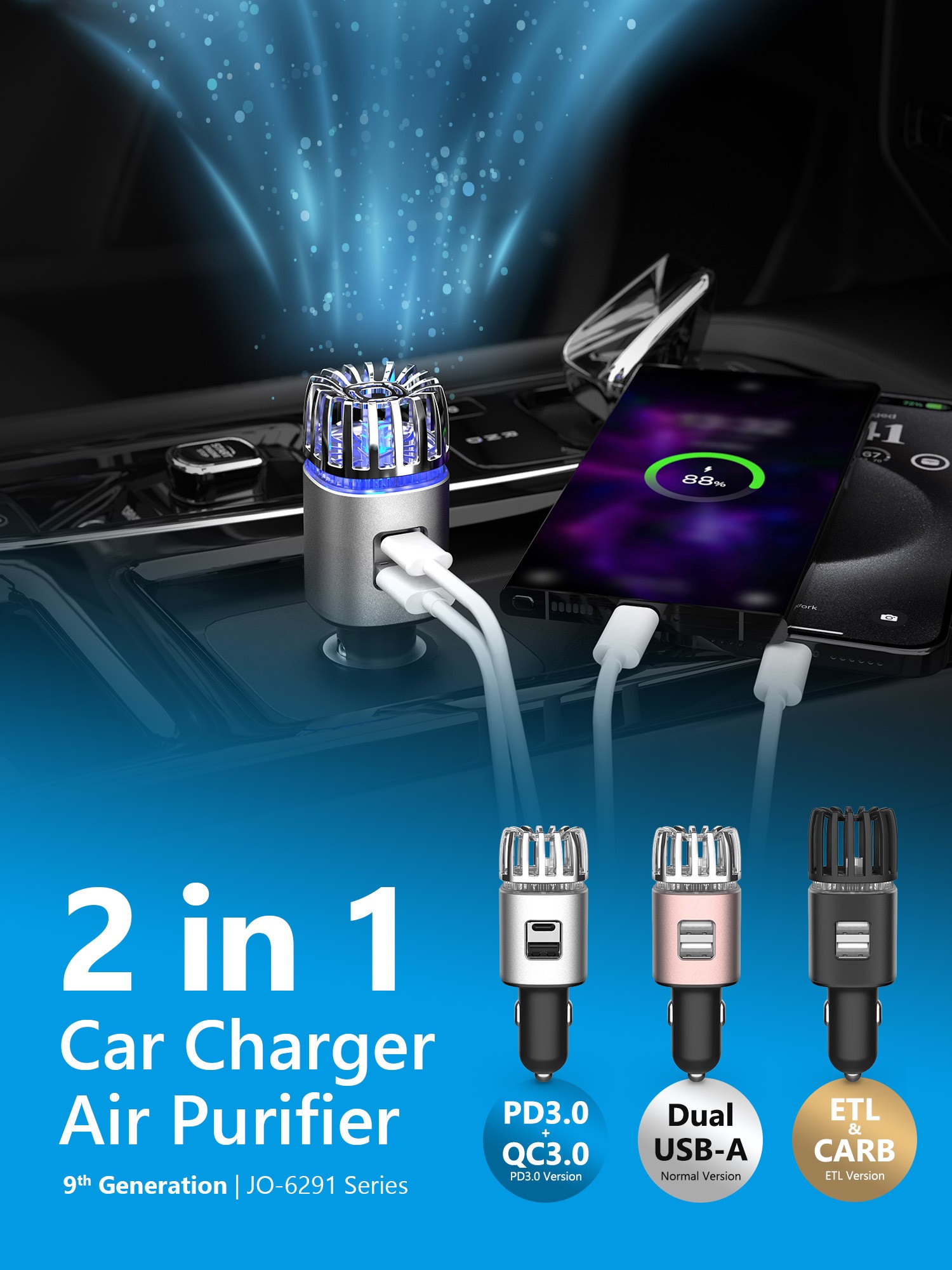 IONKINI 2-in-1 Car Charger Air Purifier JO-6291 series