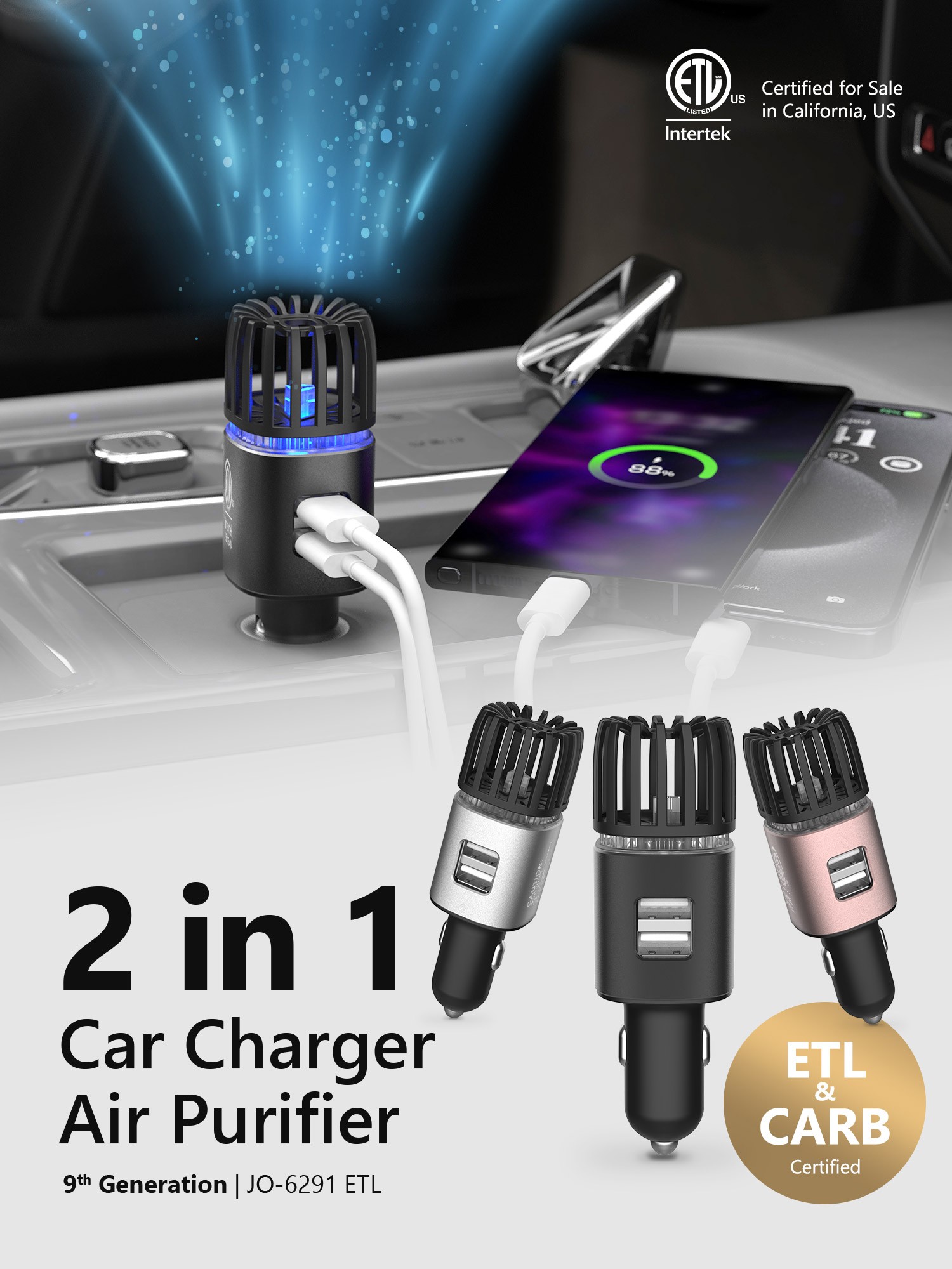 2 in 1 car air purifier with ETL and CARB certifications